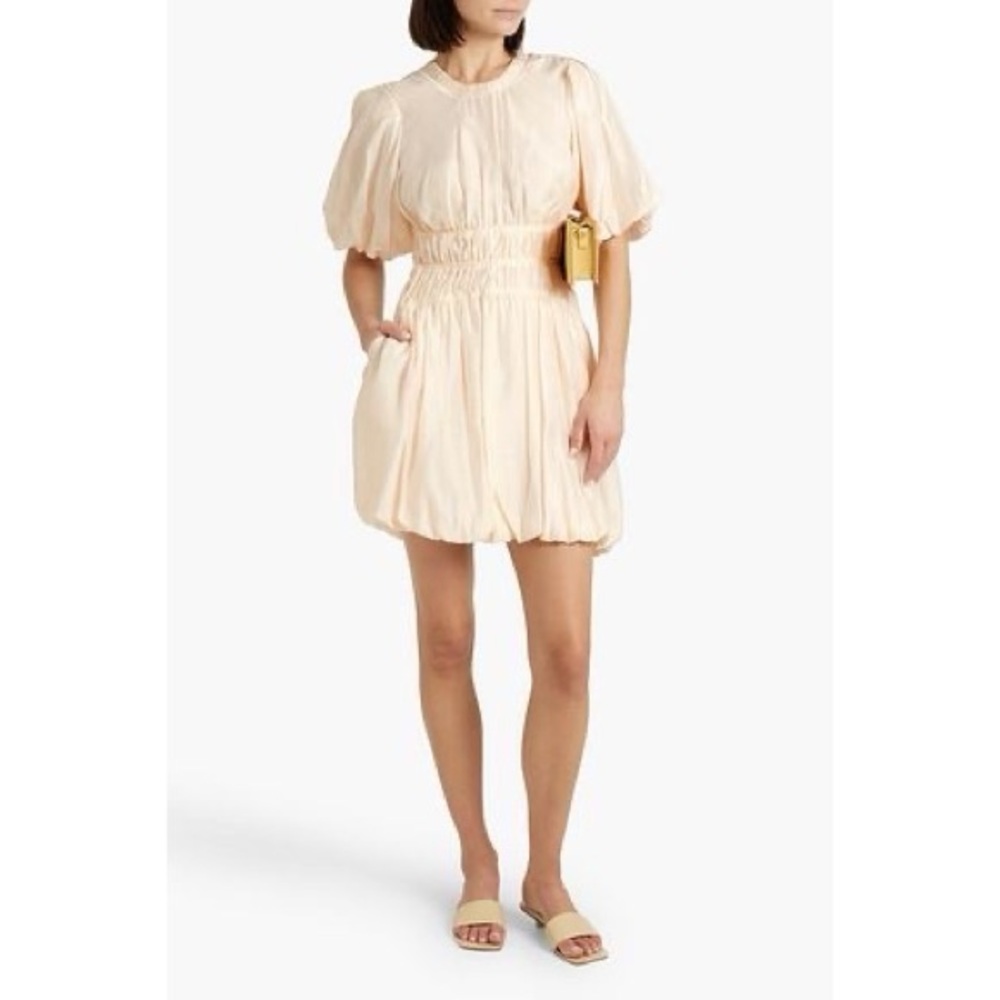 Jonathan Simkhai Echo Pleated Organdy Bubble Hem Mini Dress in Tan Size 10 NWT